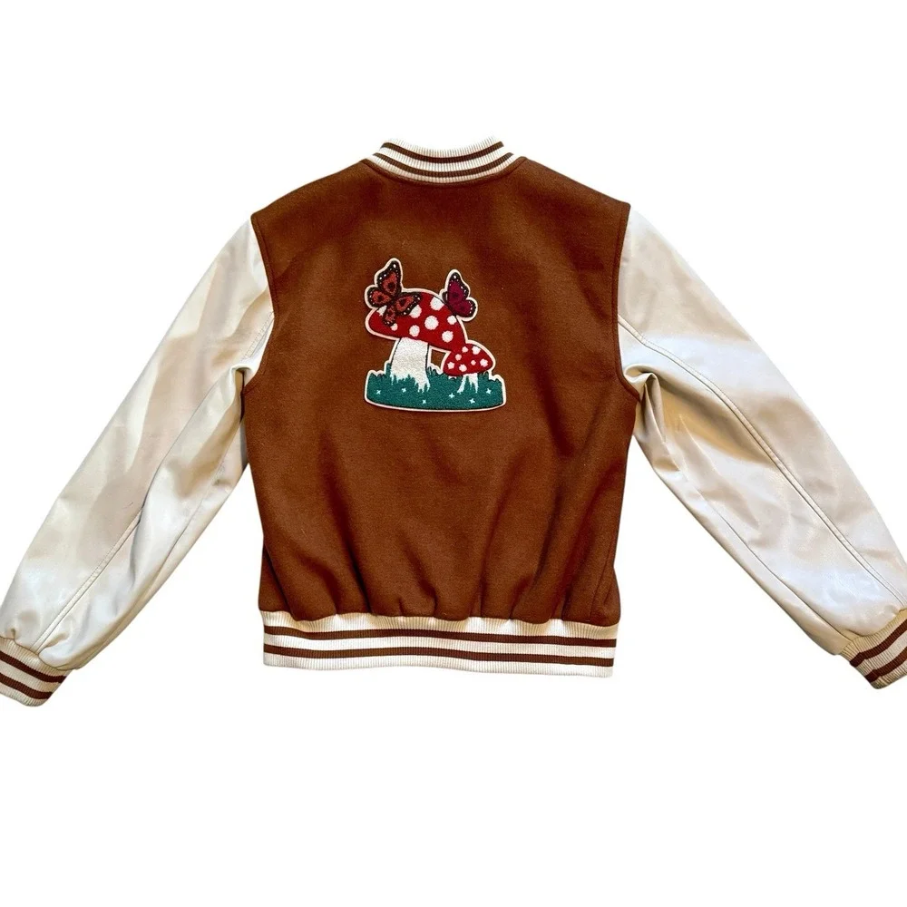 Ashley Outerwear‎ Embroidered Varsity Jacket Mushrooms Brown Medium Boho Hippie